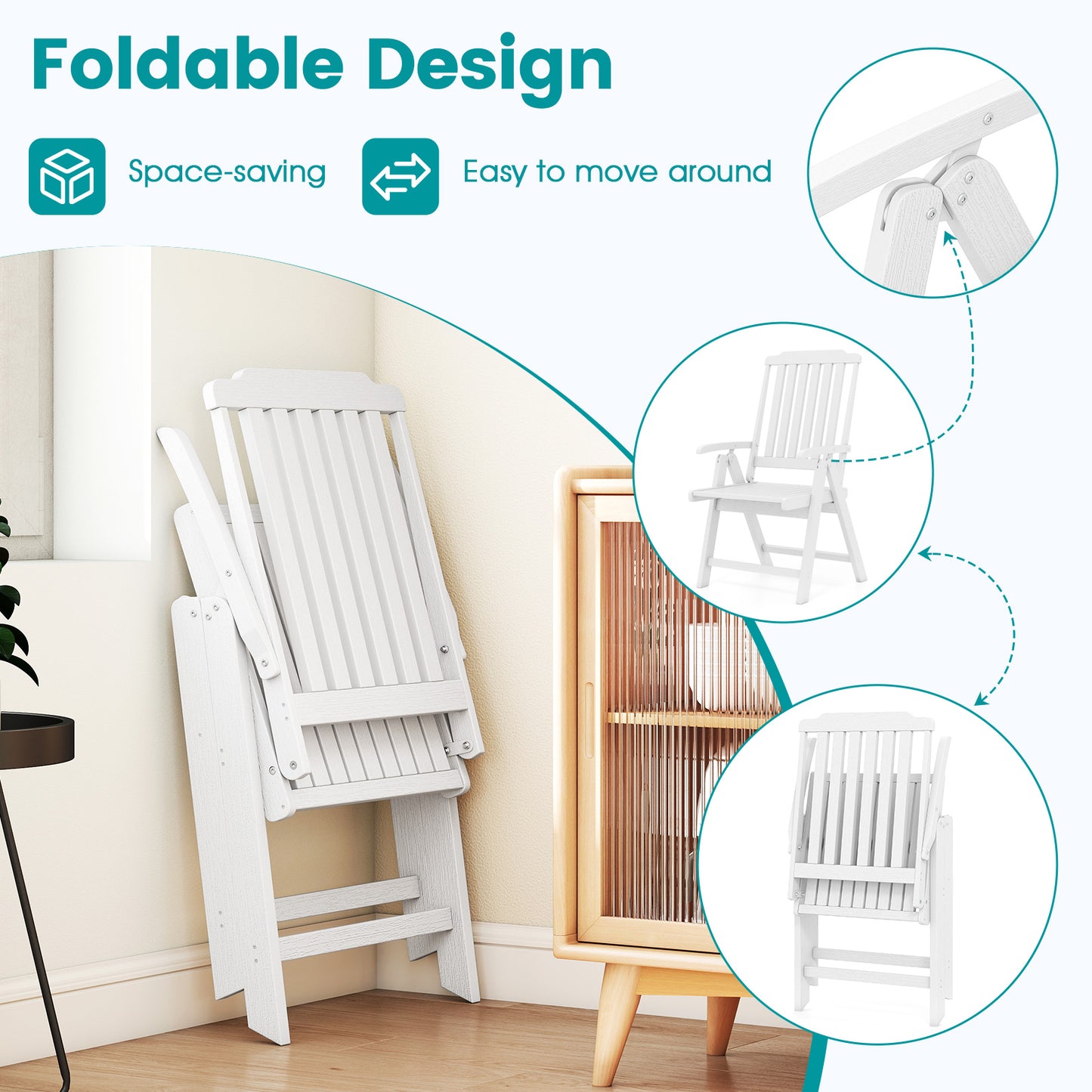 Foldable Patio Chair All-Weather HDPE Outdoor Dining Chair with Armrest-White
