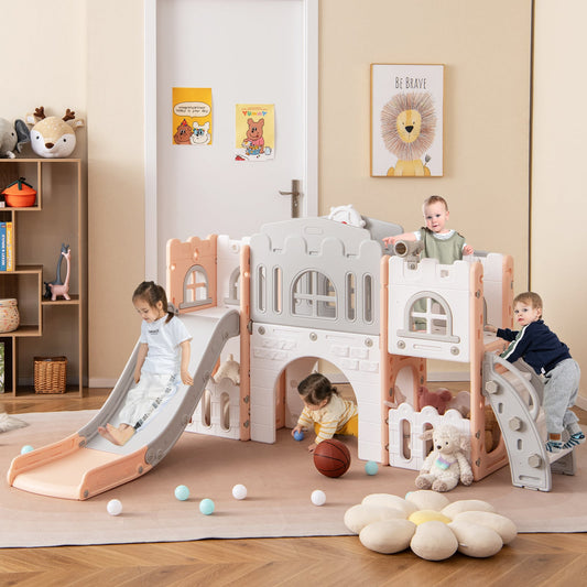 All in 1 Toddler Slide Playset Freestanding Kids Slide with Tunnel-Pink