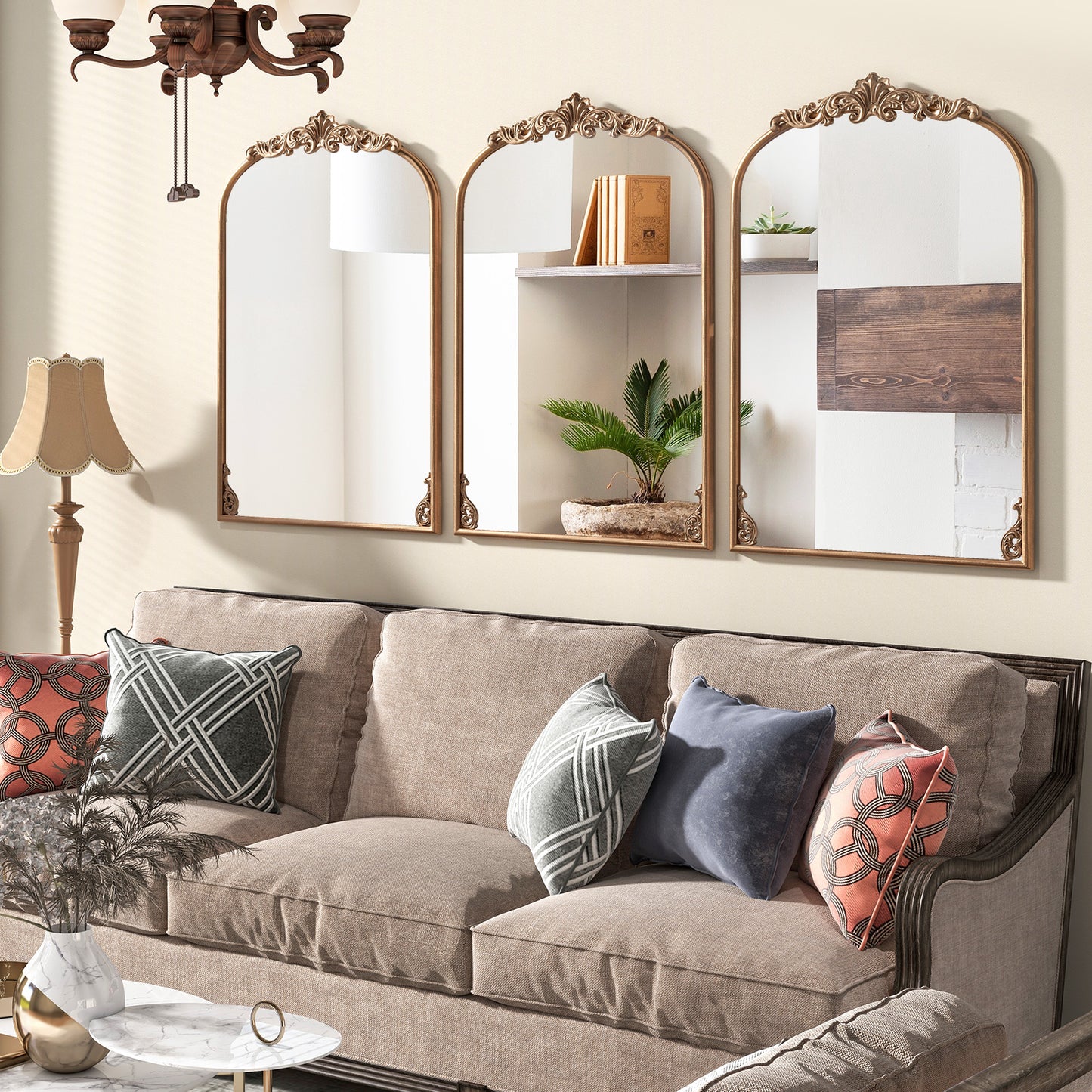 Antiqued Gold Wall Mirror with Baroque Ornate Frame L Size Gold