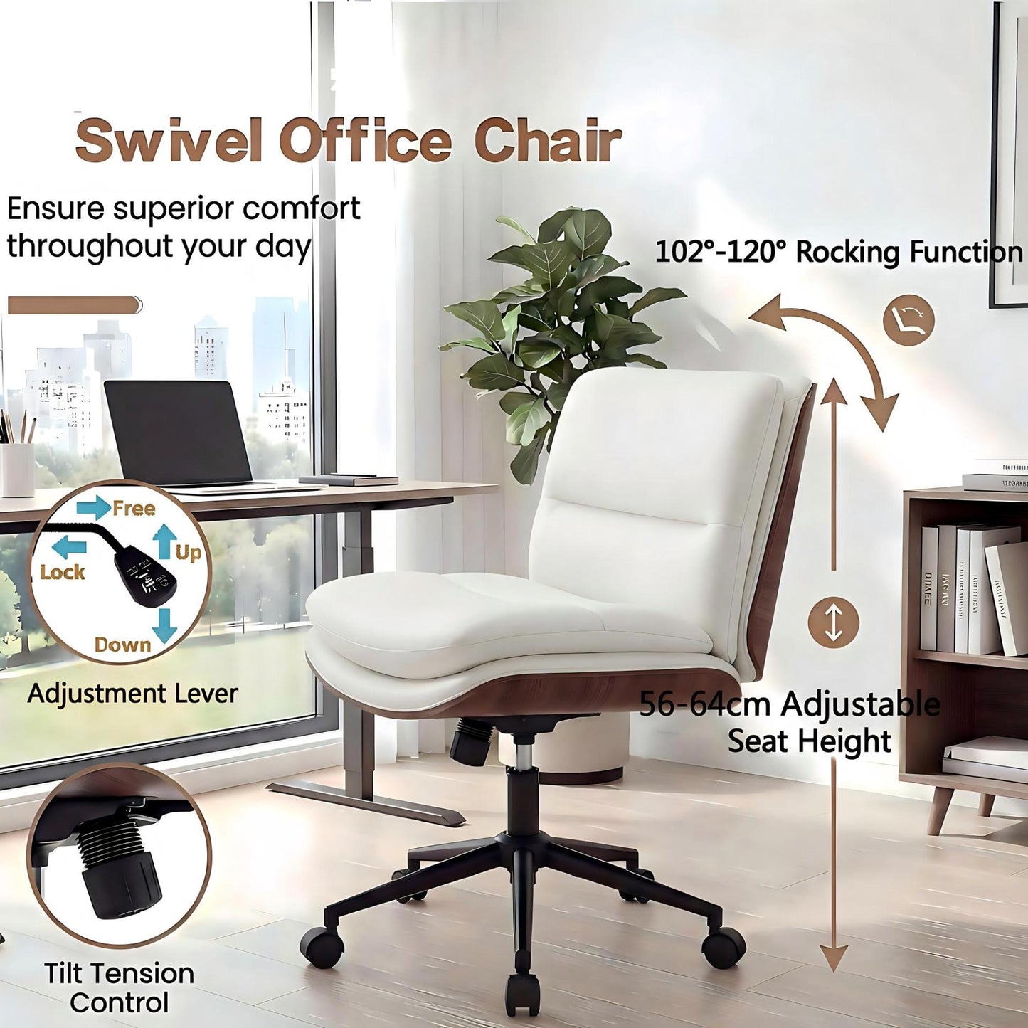 Armless Office Chair with Swivel Wheels & Curved Backrest for Home Office-White