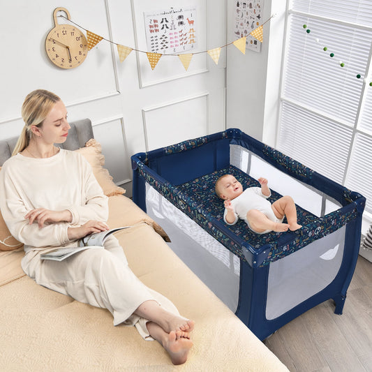 2-in-1 Foldable Baby Playpen with Lockable Wheels and Mattress-Blue