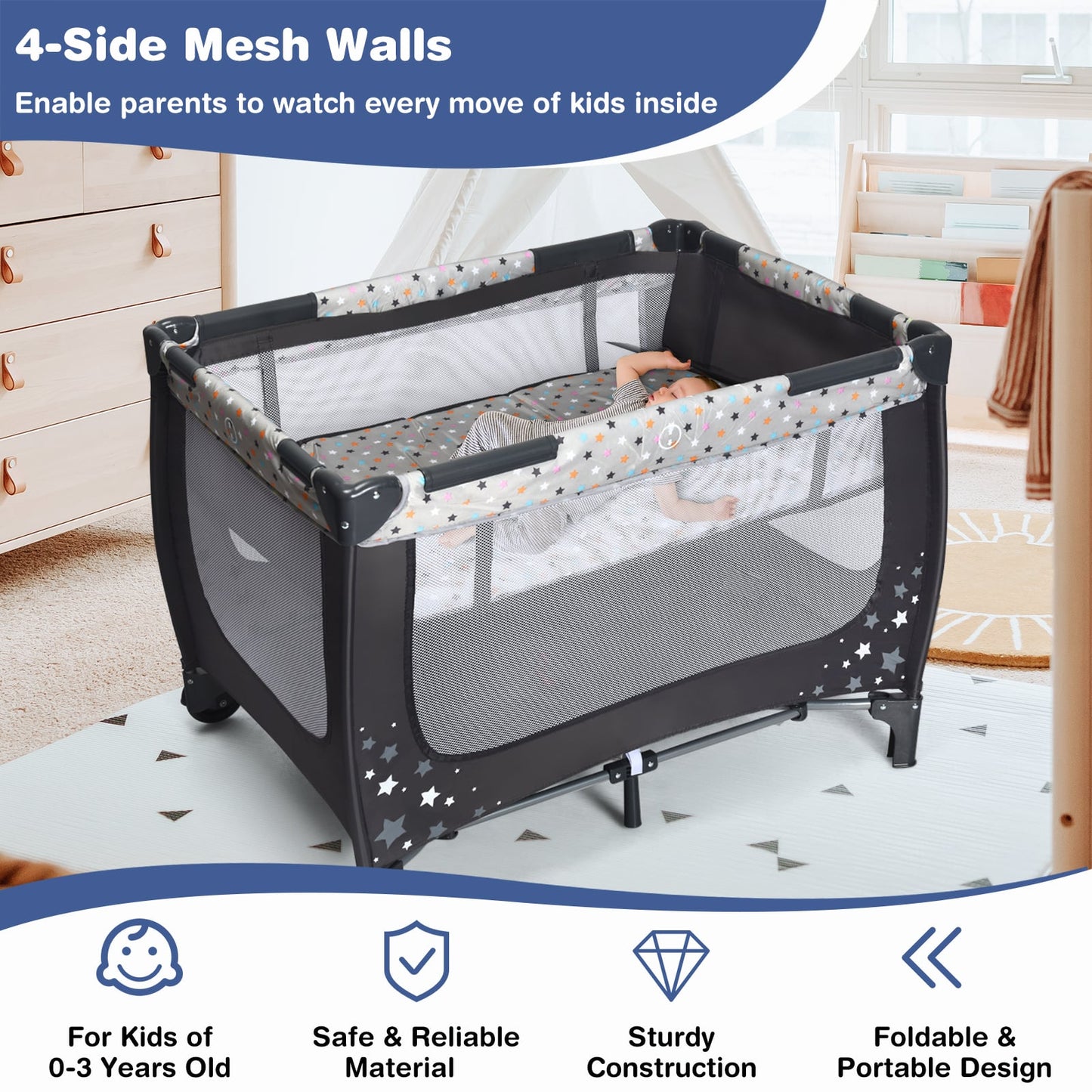 2-in-1 Foldable Baby Playpen with Lockable Wheels and Mattress-Grey
