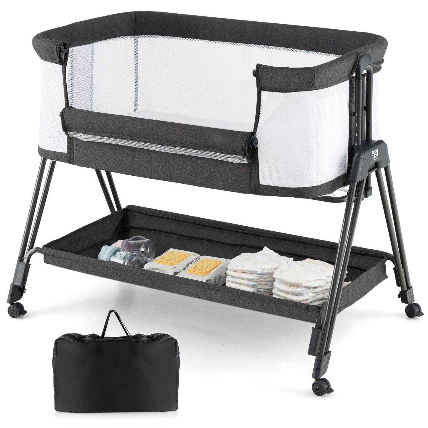 Baby Bedside Crib with Mattress for Birth to 9kg-Grey