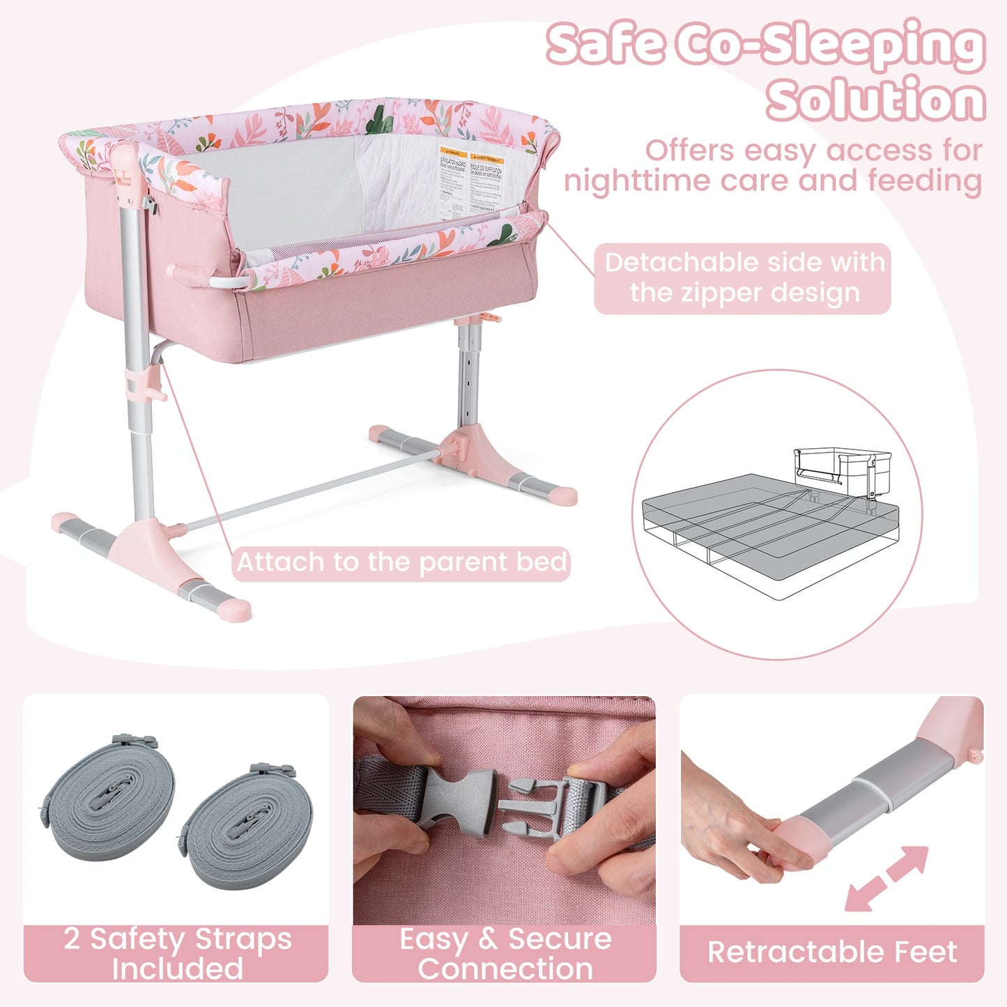 Baby Bassinet Crib Bedside Sleeper with Adjustable Height-Pink