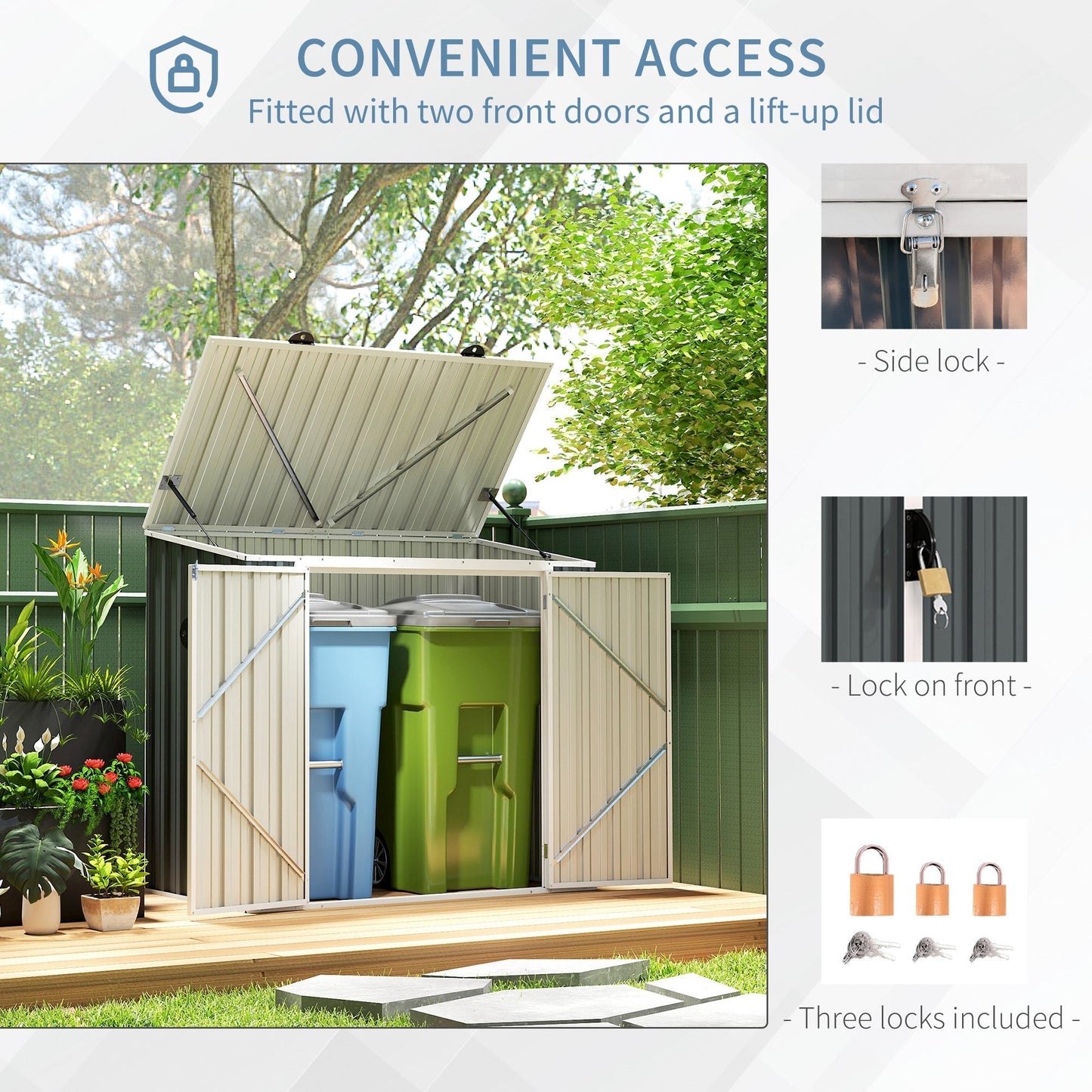 Outsunny 5ft x 3ft Garden 2-Bin Steel Storage Shed, Double Rubbish Storage Shed, Hide Dustbin w/ Locking Doors and Openable Lid