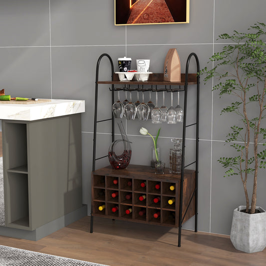 Baker’s Rack with Detachable Wine Rack and 5 Rows of Stemware Holder-Rustic Brown