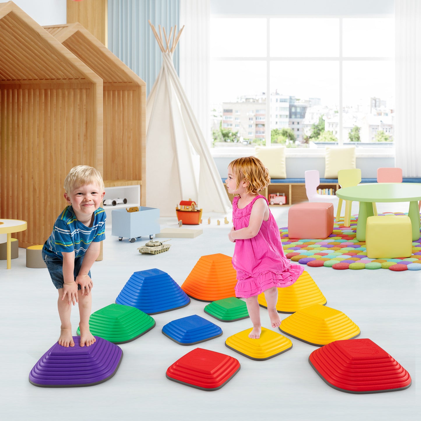 11 Pieces Kids Stepping Stone Toddler Balance Blocks with Full Non-Slip Rim-Multicolor