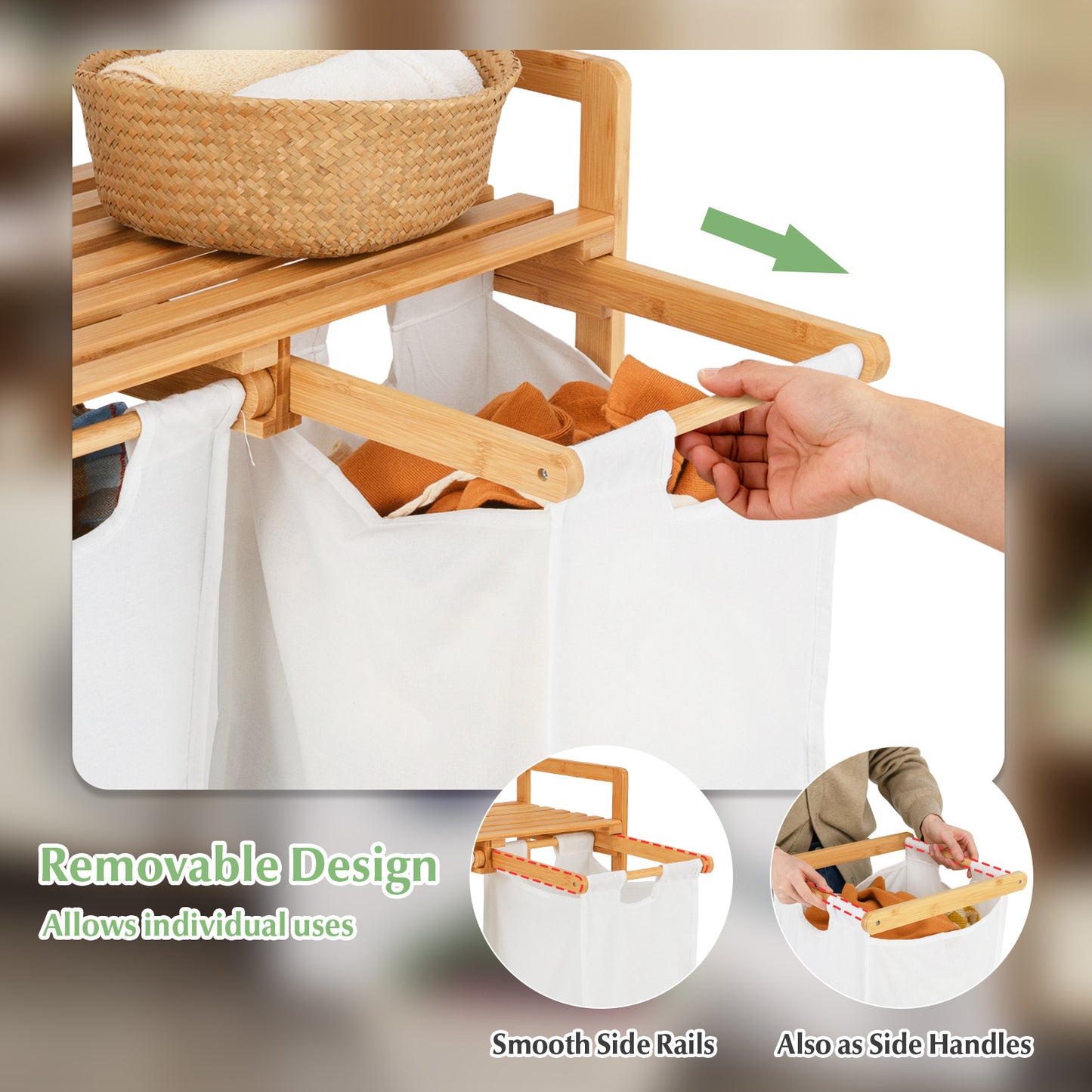 Bamboo Laundry Hamper with Dual Compartments and Removable Sliding Bags-White