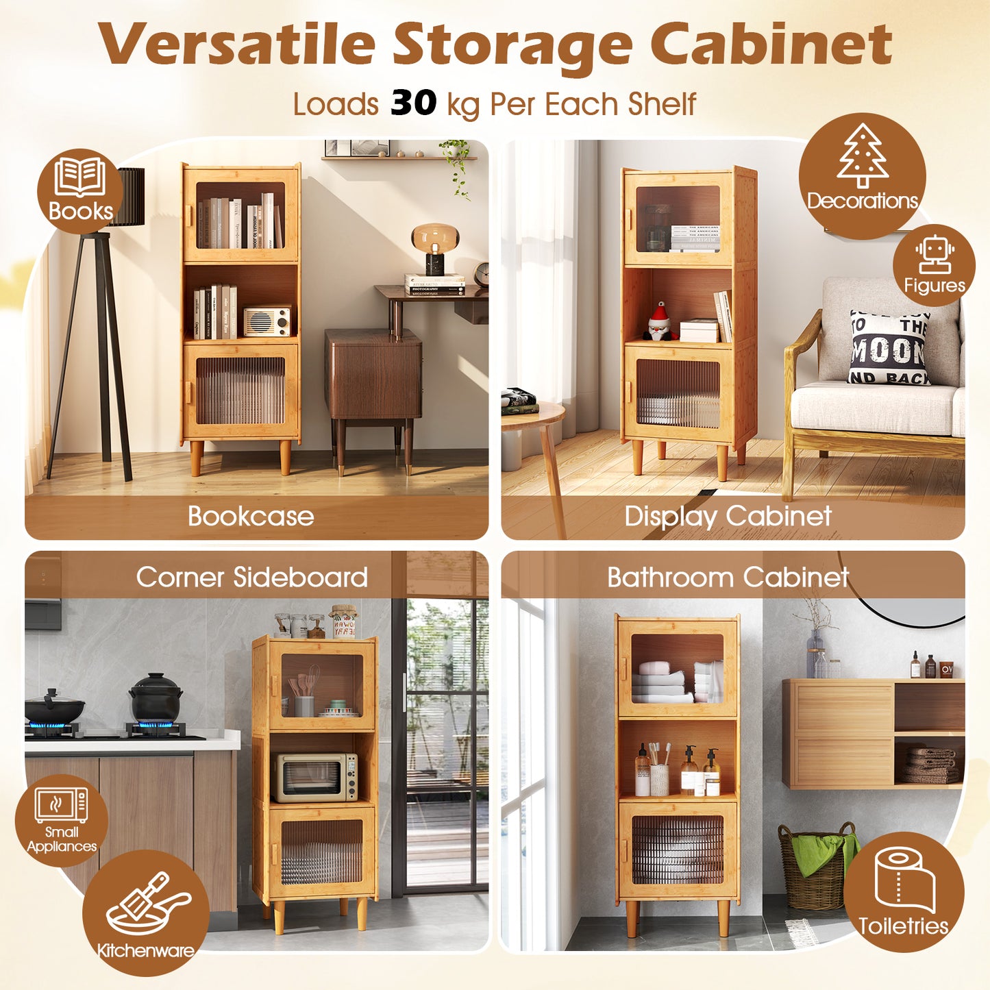 3-Cube Bamboo Cabinet with Open Compartment and 2 Acrylic Doors-Natural