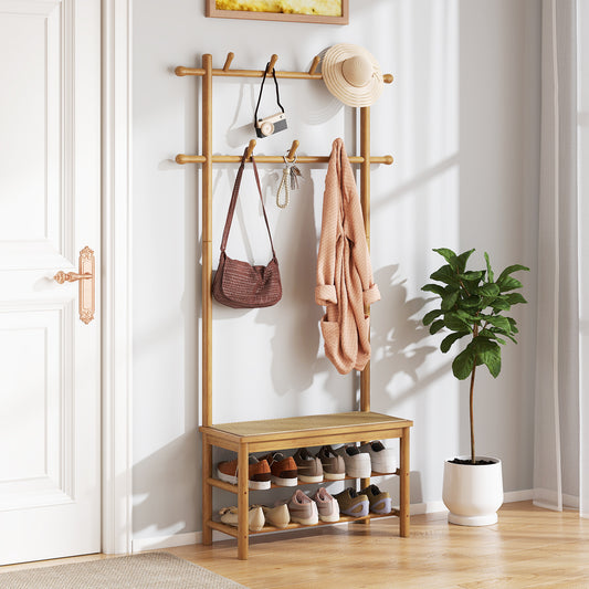 Bamboo Coat Rack PE Rattan Hall Tree with Bench and Shoe Storage-Natural