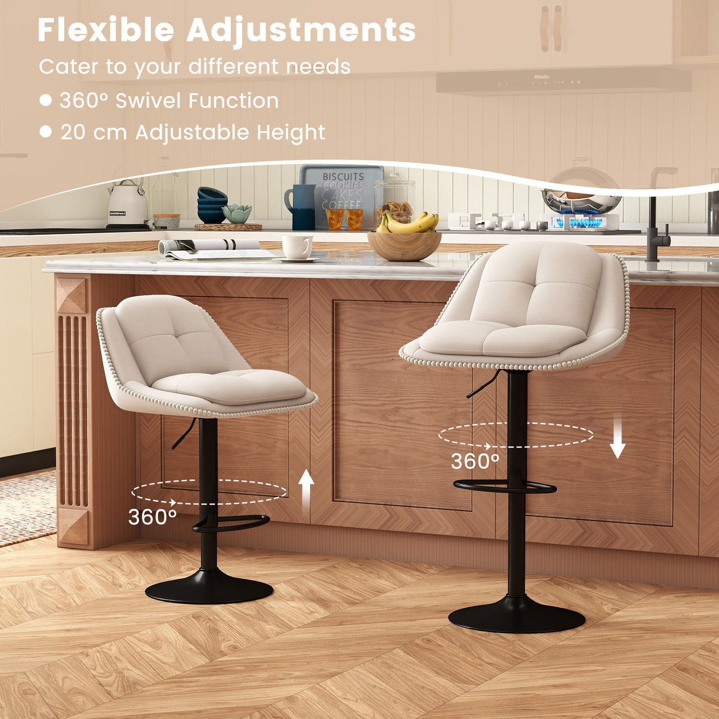 Bar Stools Set of 4 Modern Adjustable Chenille Upholstered Barstools-White