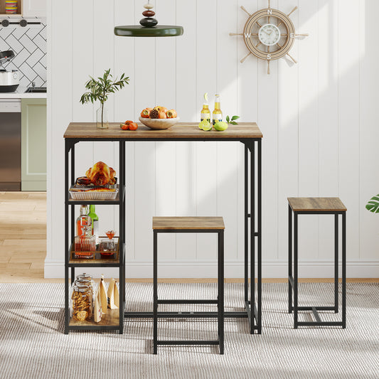 3-Piece Bar Table Set 2 Person Dining Furniture Set with 2 Stools-Brown