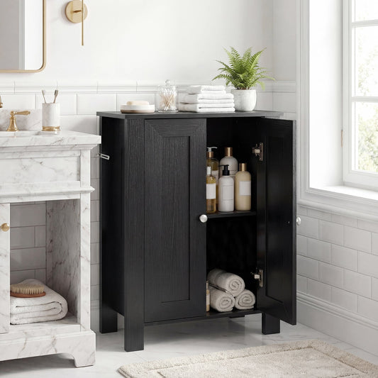 Bathroom Floor Cabinet with Double Doors Freestanding Wooden Storage-Black