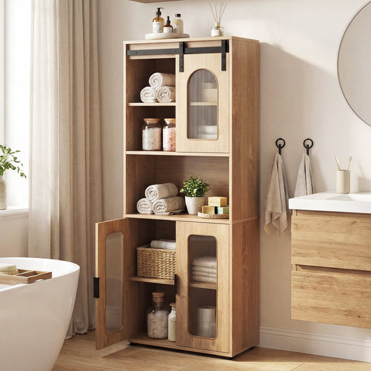 Bathroom Floor Cabinet with Shelves and Sliding Barn Door-Natural