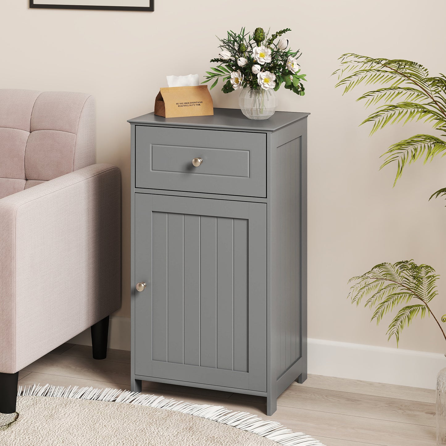Bathroom Cabinet Floor Organizer with Single Door and Drawer-Grey