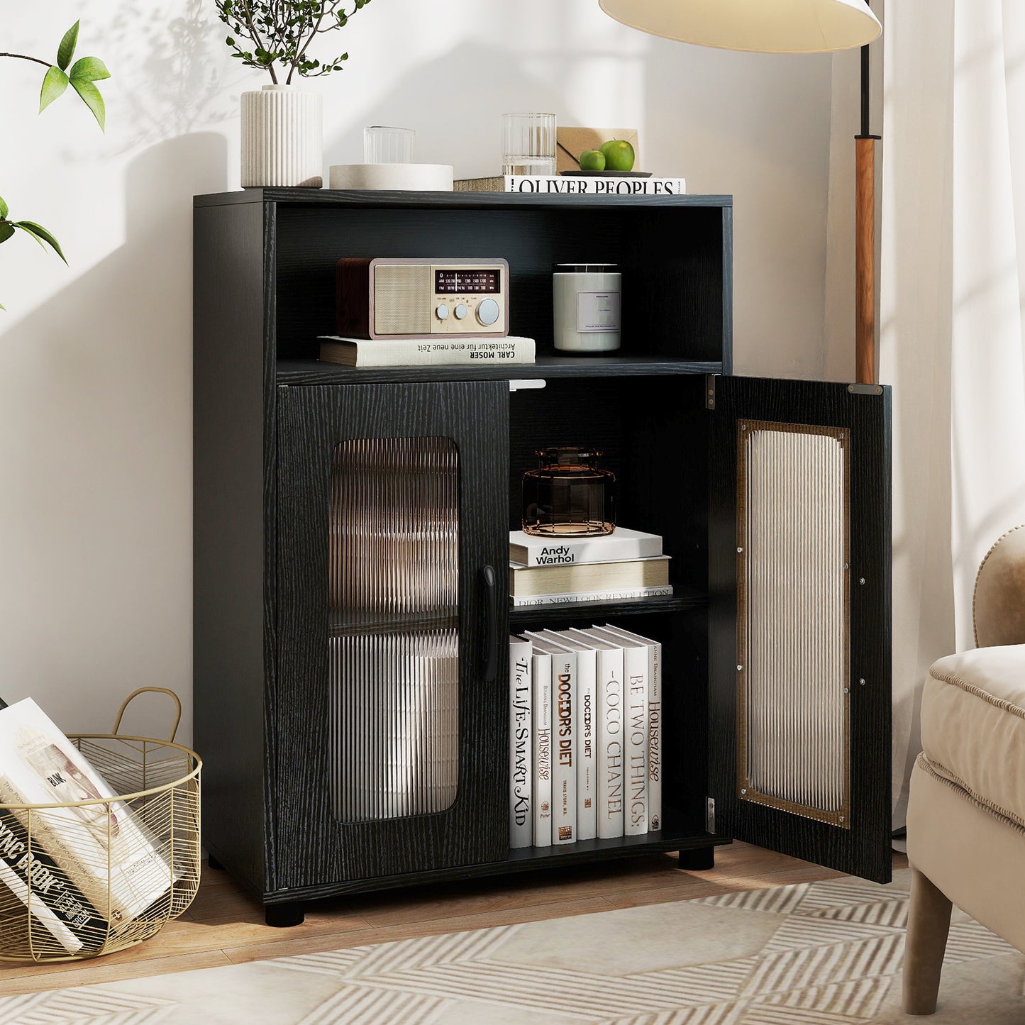 Bathroom Cabinet Freestanding Cabinet with 2 Doors and 3-Level Adjustable Shelf-Black