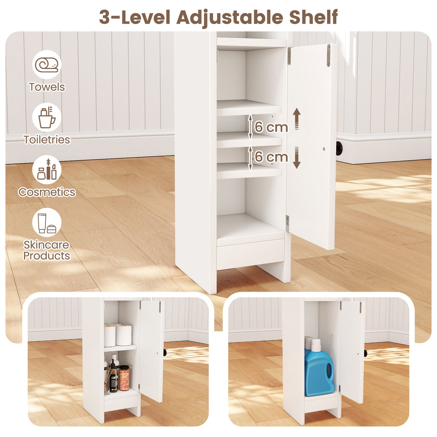 Bathroom Storage Cabinet with Door and Adjustable Shelves-White