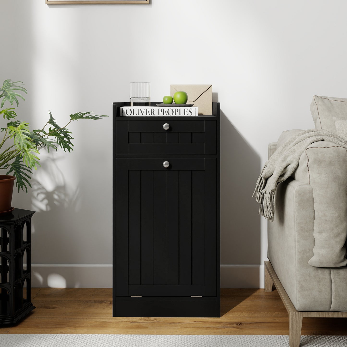 Bathroom Storage Cabinet with Drawer and Removable Hamper-Black