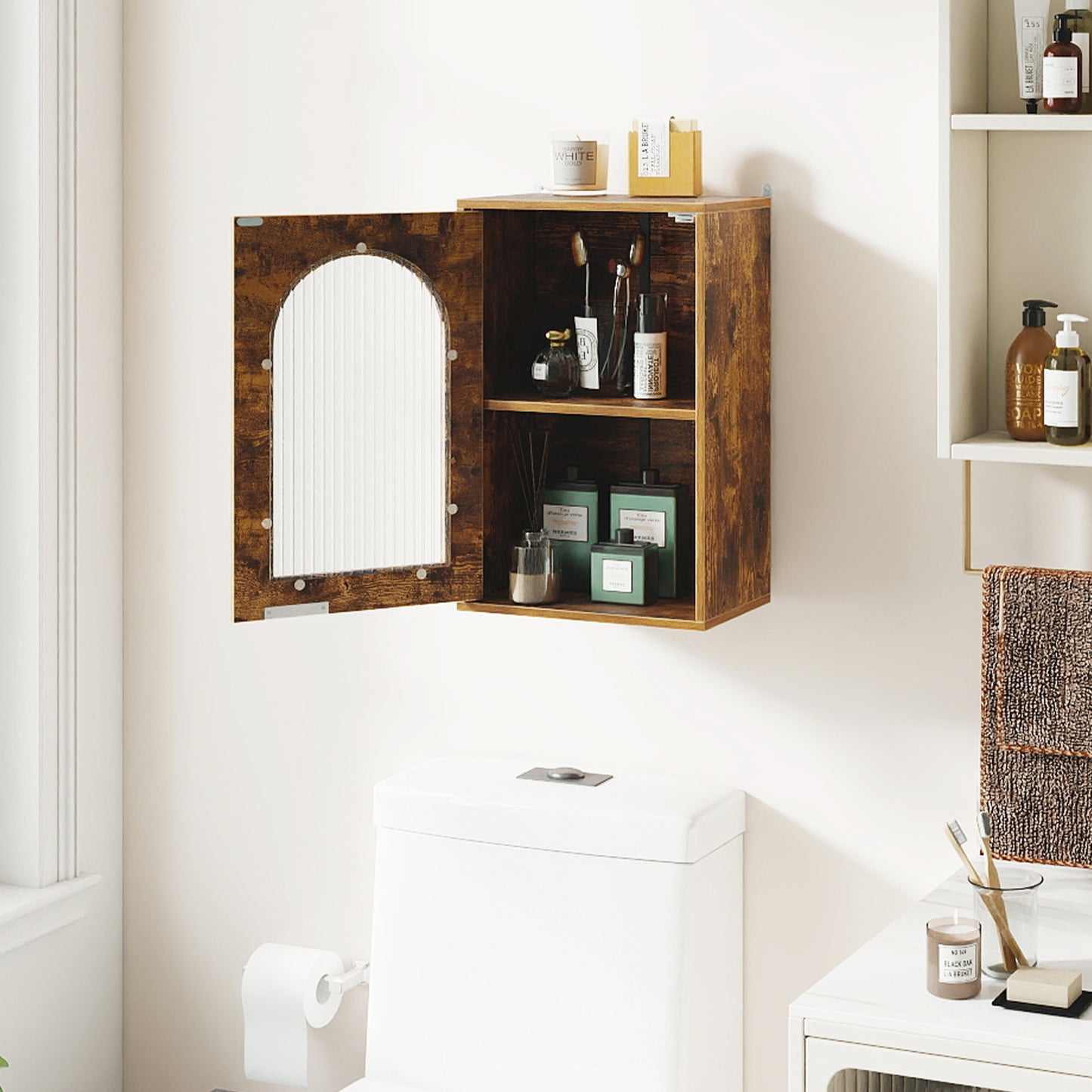 Bathroom Wall Cabinet with Tempered Glass Door and Adjustable Shelf-Brown
