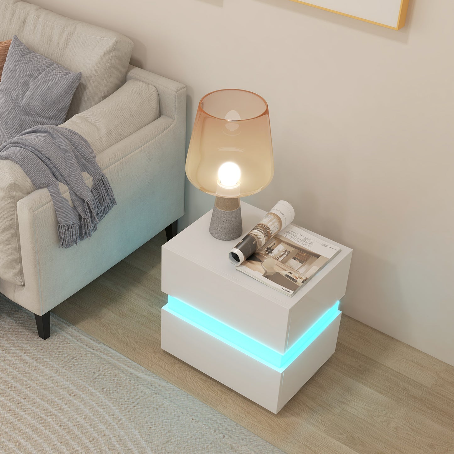 Bedside Table LED Nightstand with 2 Drawers-White