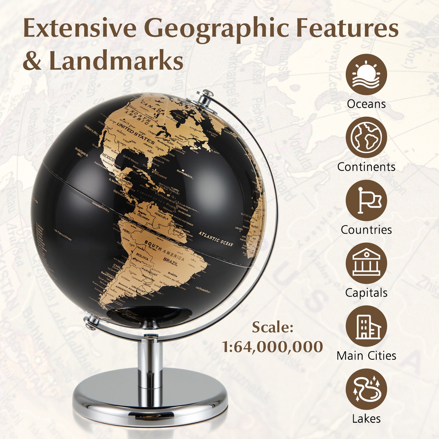 20CM Rotating Metallic Black World Globe with Metal Stand for Home School-Golden