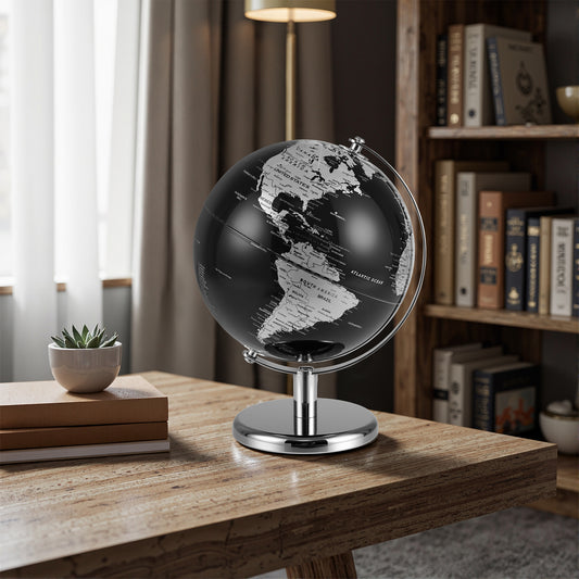 20CM Rotating Metallic Black World Globe with Metal Stand for Home School-Silver