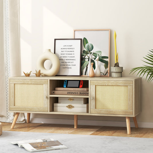 Boho PE Rattan TV Stand with 2 Cabinets and Open Shelves
