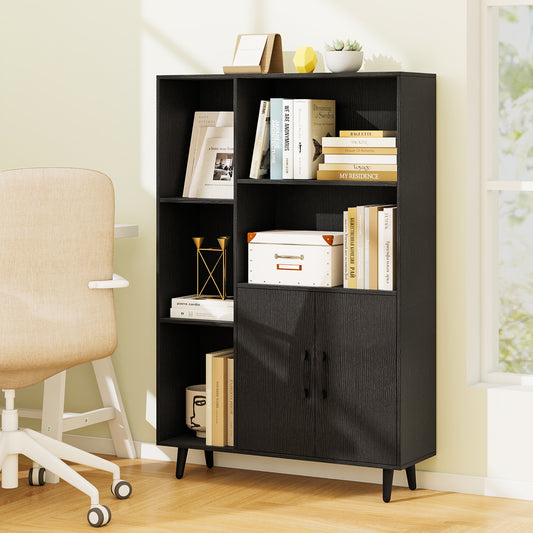 Bookcase with 5 Open Compartments and Double Doors Storage Cabinet-Black