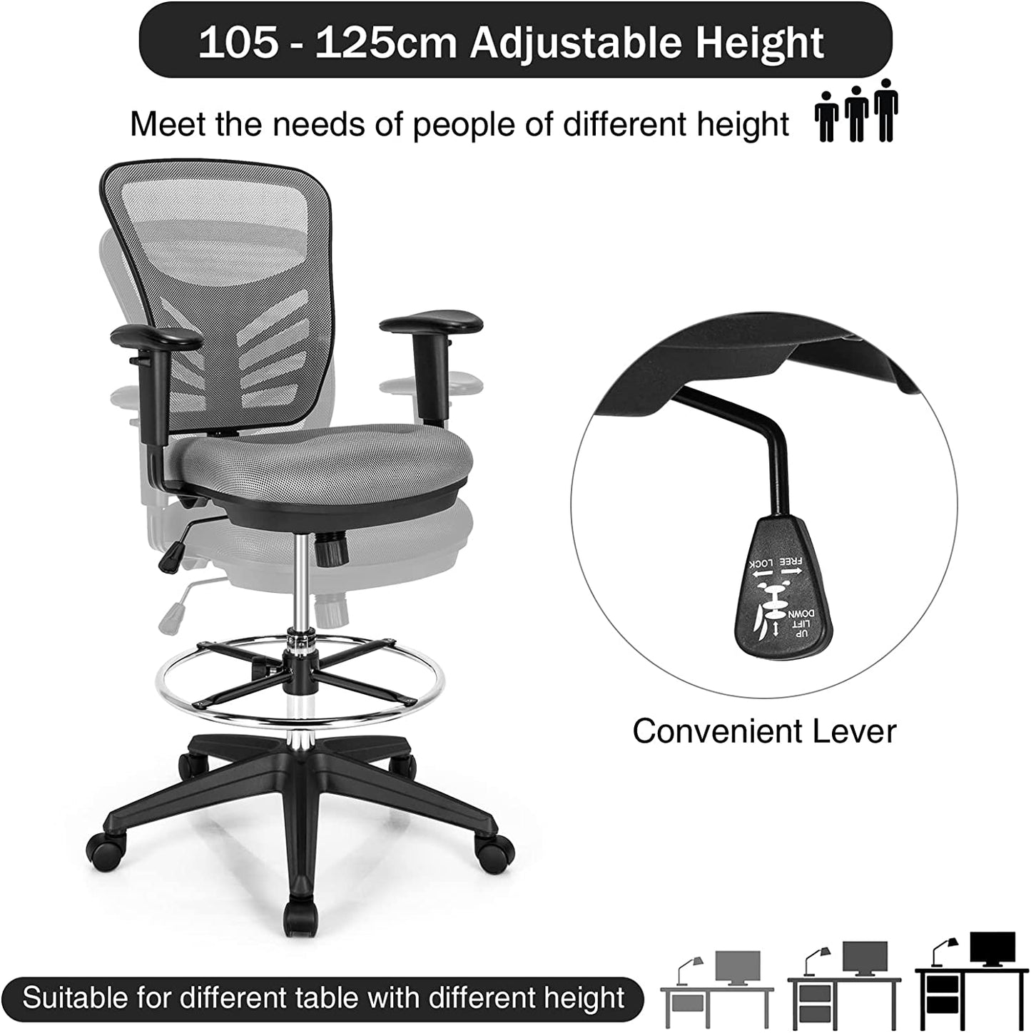Mesh Drafting Chair with Adjustable Footrest-Grey