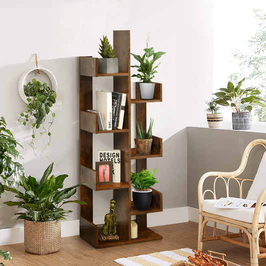 Tree-Shaped Bookshelf with 8 Storage Shelves-Rustic Brown