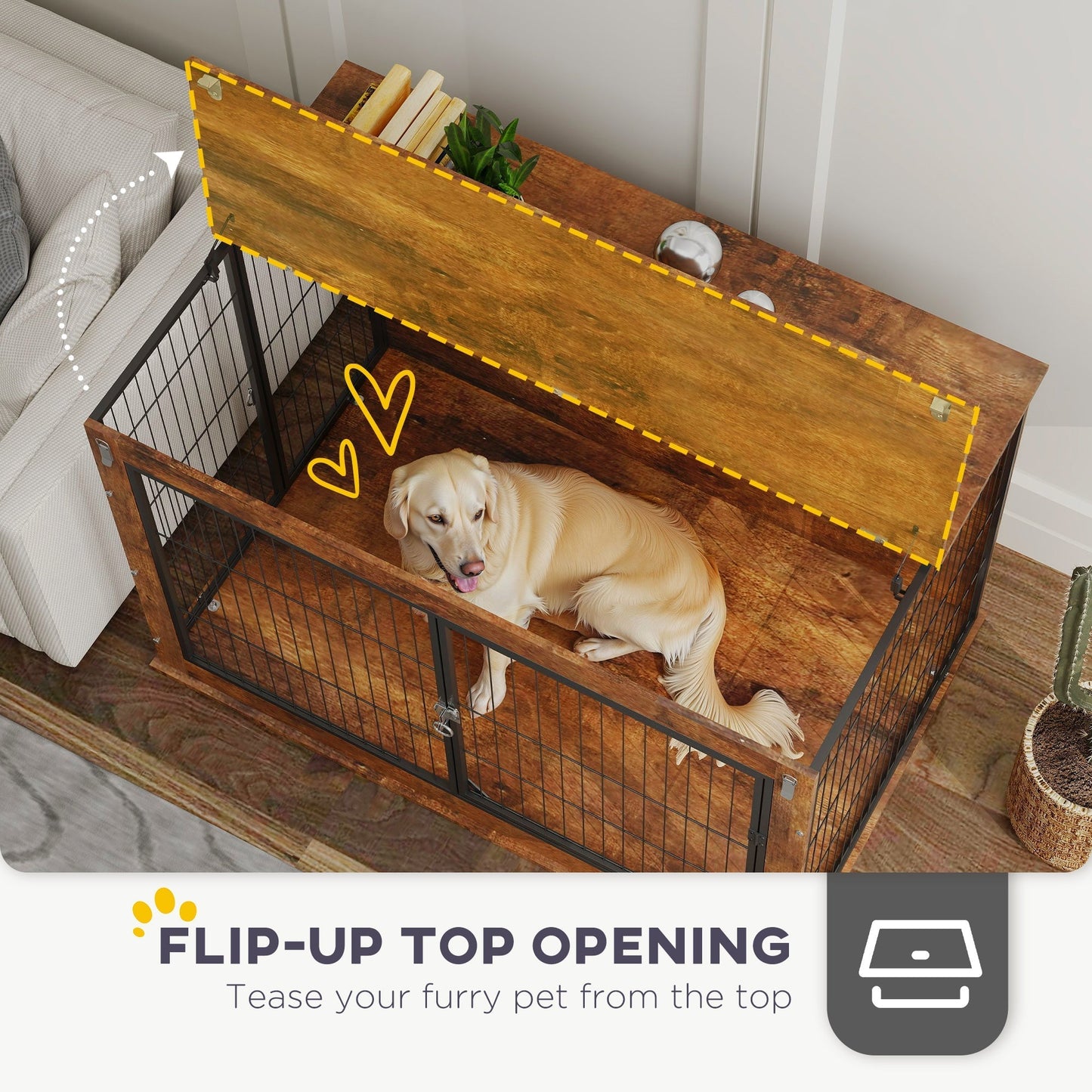 PawHut Dog Crate Furniture with Openable Top, Two Doors, for Extra Large Dogs, Rustic Brown