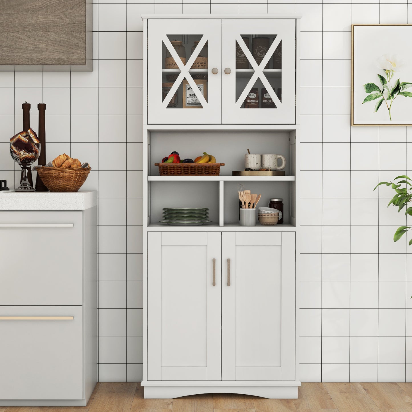 Tall Bathroom Floor Storage Cabinet with Acrylic Doors and 3 Cubes-White