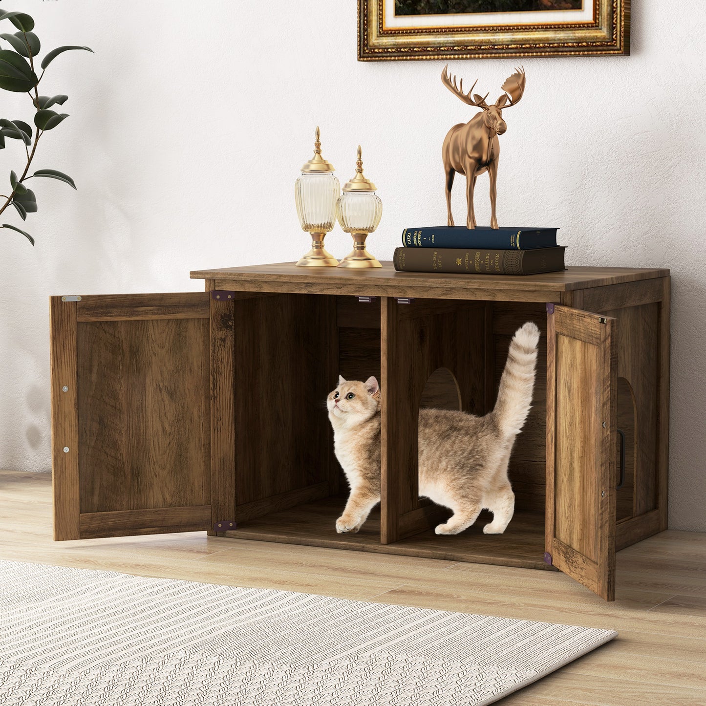 Cat Litter Box Enclosure with Countertop and Storage Cabinet-Oak