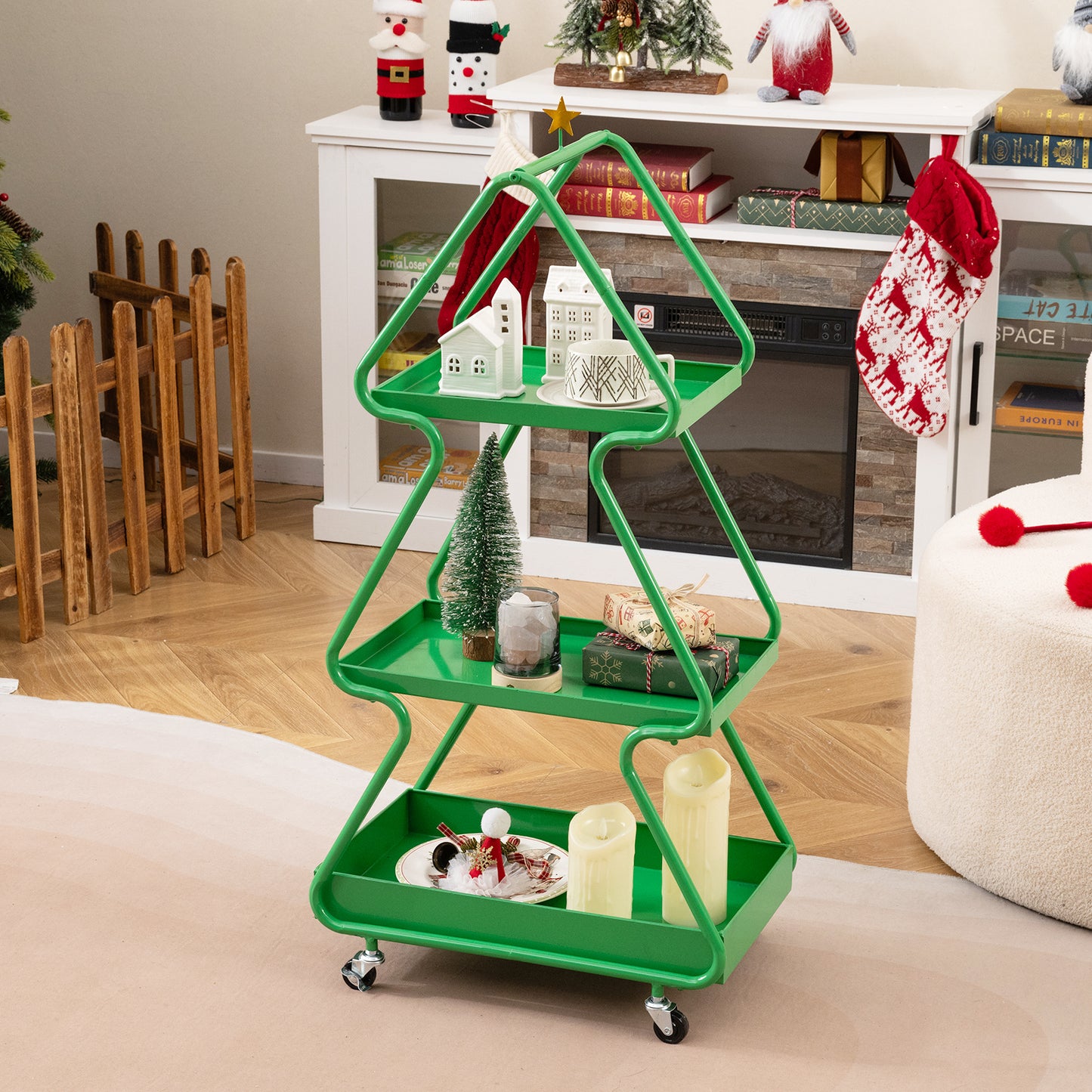 Christmas Tree Storage Cart 3-Tier Rolling Xmas Cart with Topper Star-Green