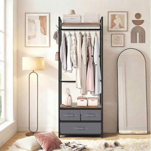 Clothes Rack with Drawers and Shelves for Entryway and Bedroom-Rustic Brown