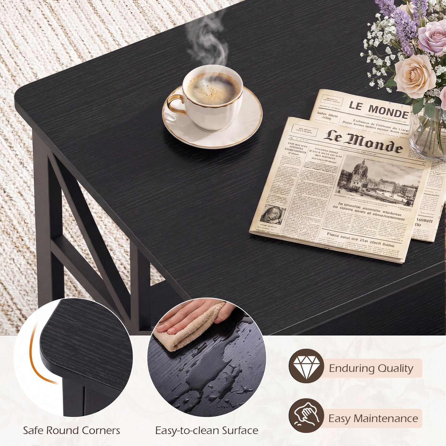 Coffee Table Industrial Farmhouse Accent Table with Open Storage Shelf-Black