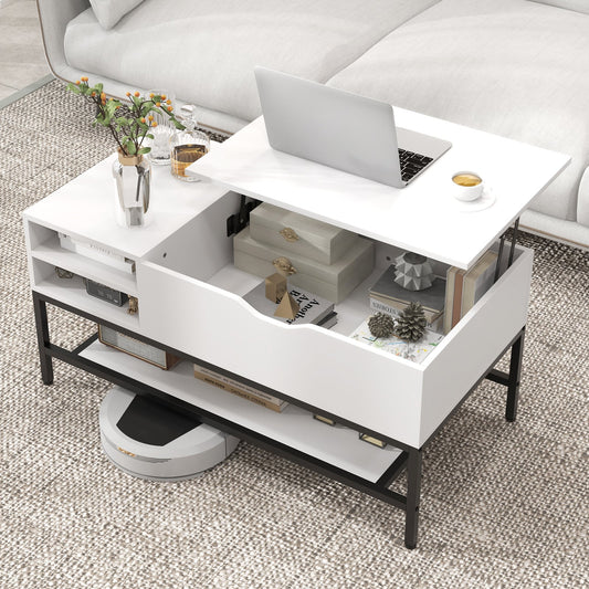 Lift Top Coffee Table with Hidden Compartment and Removable Shelf-White