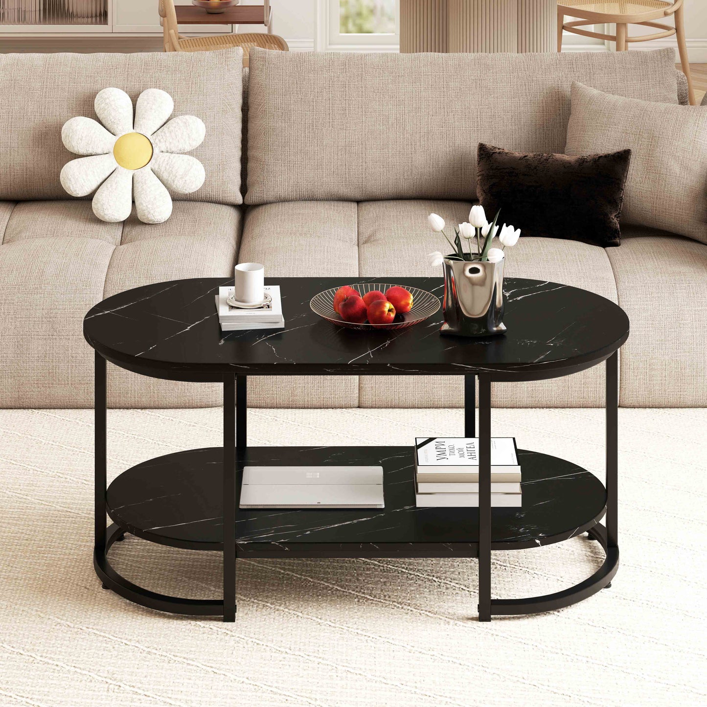 Marble Coffee Table with Open Storage Shelf-Black