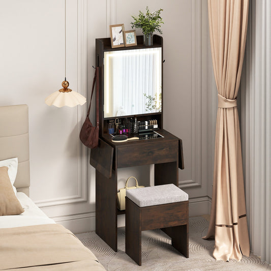 Compact Makeup Dressing Table with Visible Glass Top and Power Outlets-Rustic Brown