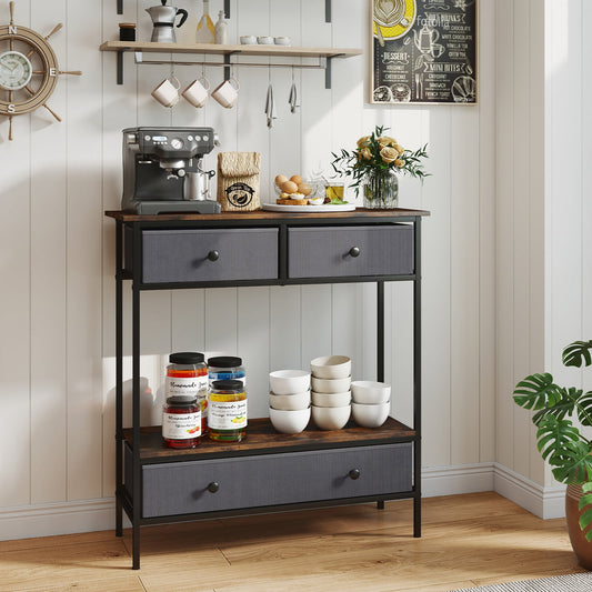 Console Table Industrial Entryway Table with 3 Fabric Drawers-Rustic Brown