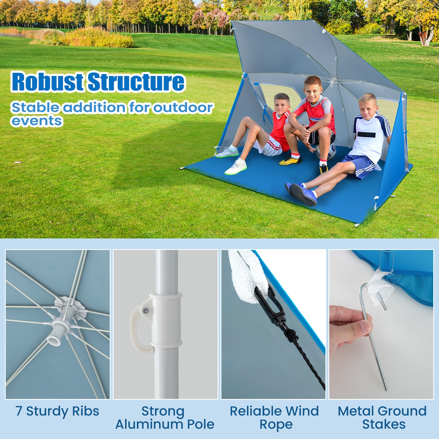 2-In-1 Convertible Beach Tent with Roll-Up Windows for 2-4 People-Blue