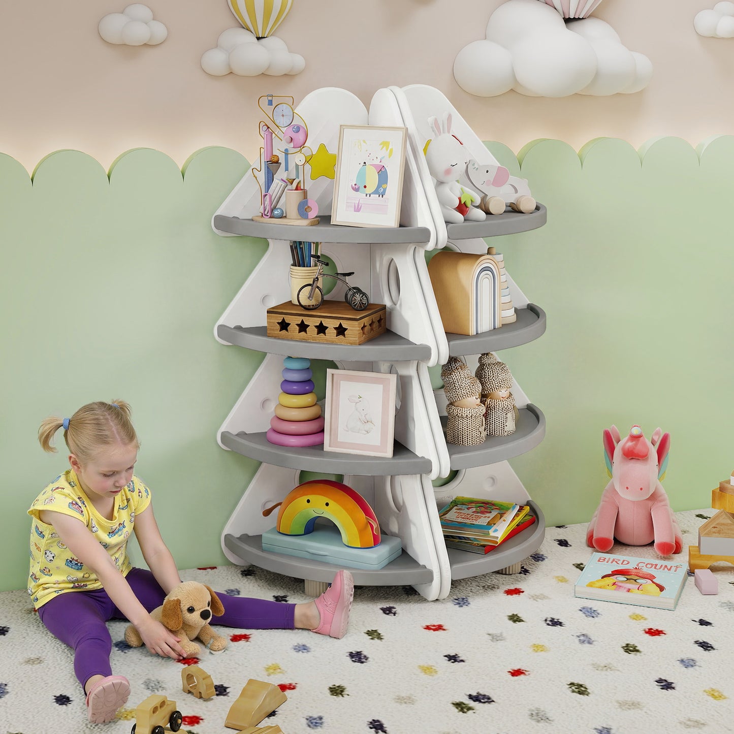 4-Tier Kids Corner Bookshelf for Kids Room and Nursery Playroom-White