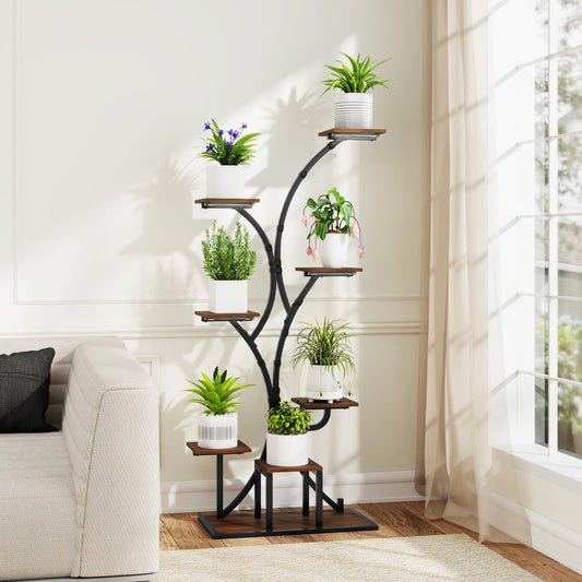 146CM Tall 8-Tier Corner Metal Plant Shelf for Multiple Plants-Walnut