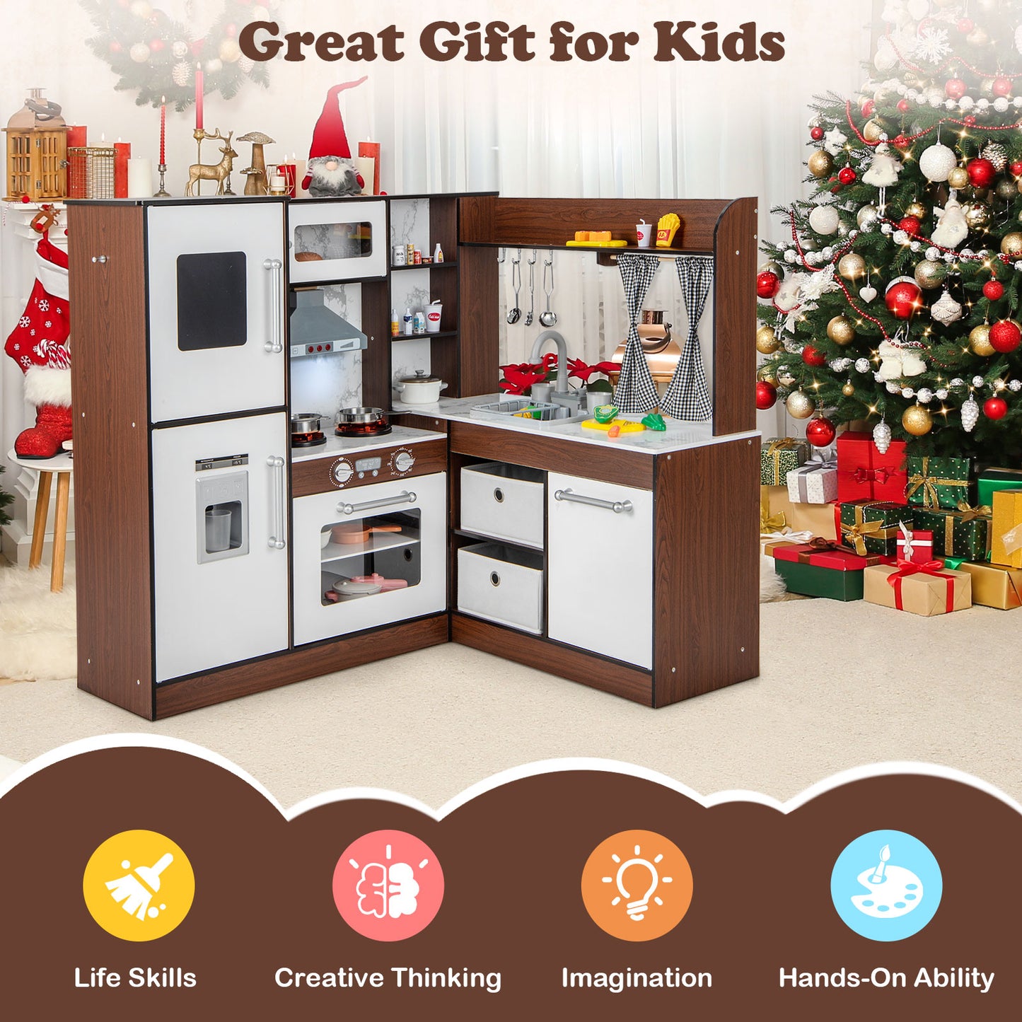 Kids Wooden Corner Play Kitchen with Lighted Range Hood and Stoves-Brown