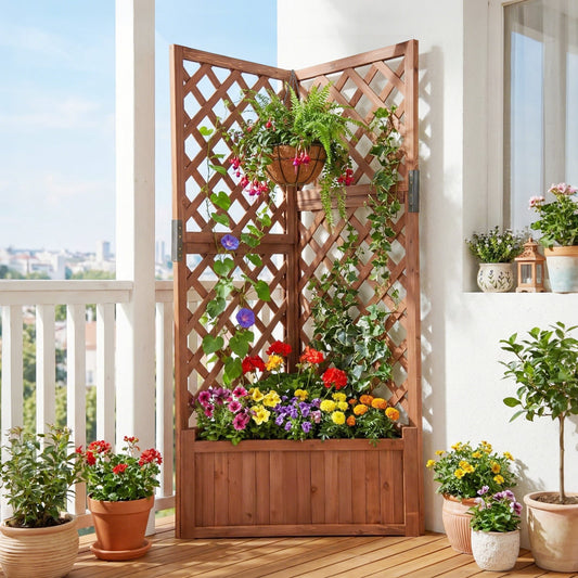 Corner Raised Garden Bed with Lattice Trellises Drainage Holes-Brown