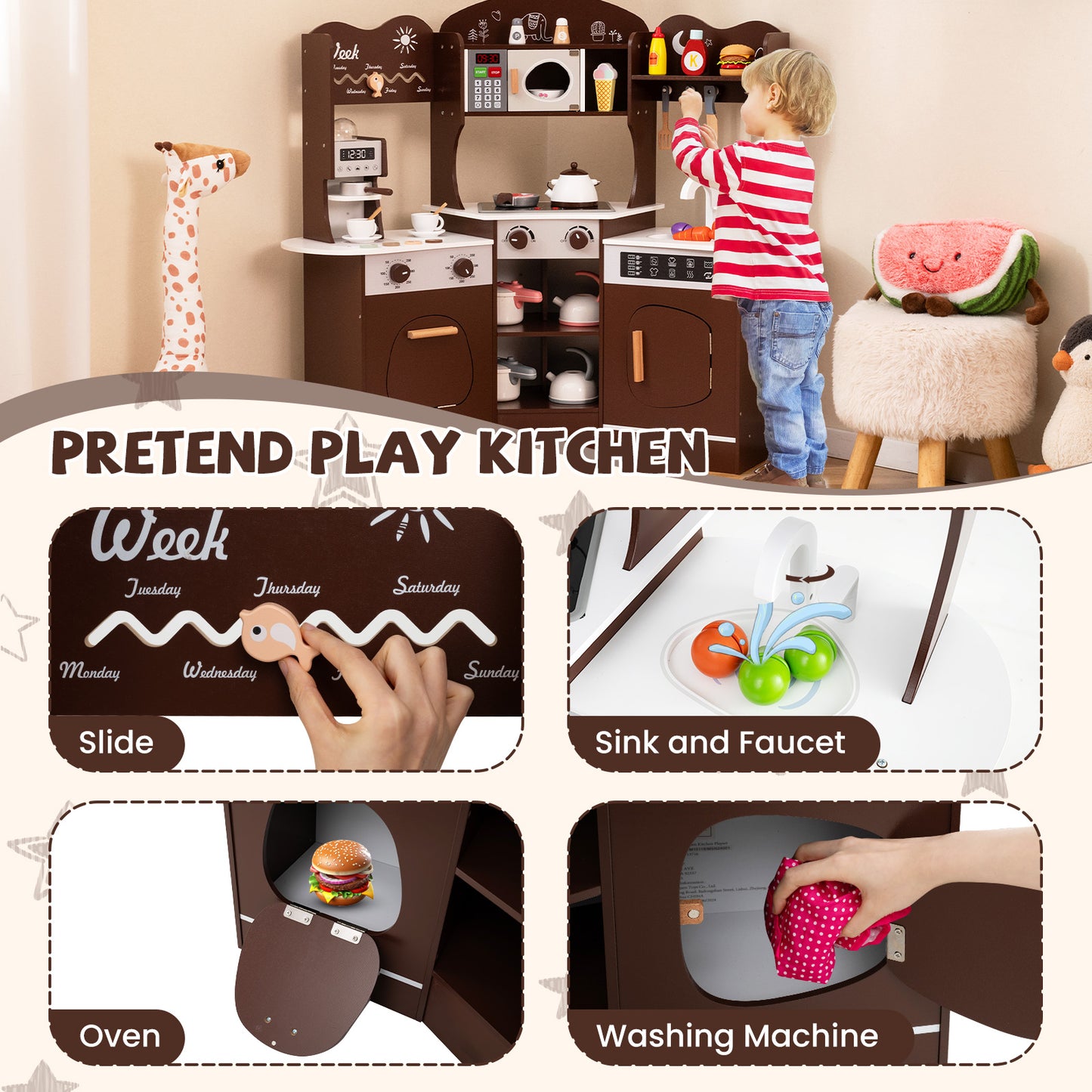 Kids Corner Wooden Play Kitchen with Coffee Machine Slide Microwave-Brown