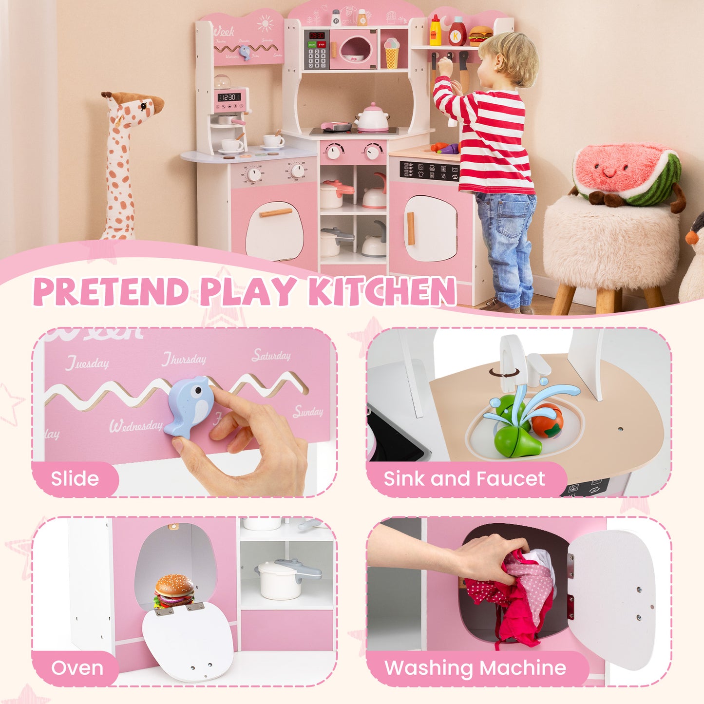 Kids Corner Wooden Play Kitchen with Coffee Machine Slide Microwave-Pink