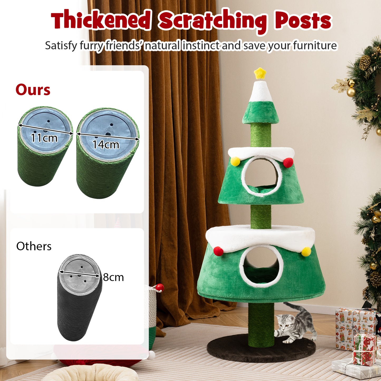 Cute Cat Tower Christmas Cat Tree for Indoor Cats with 2 Condos-Green