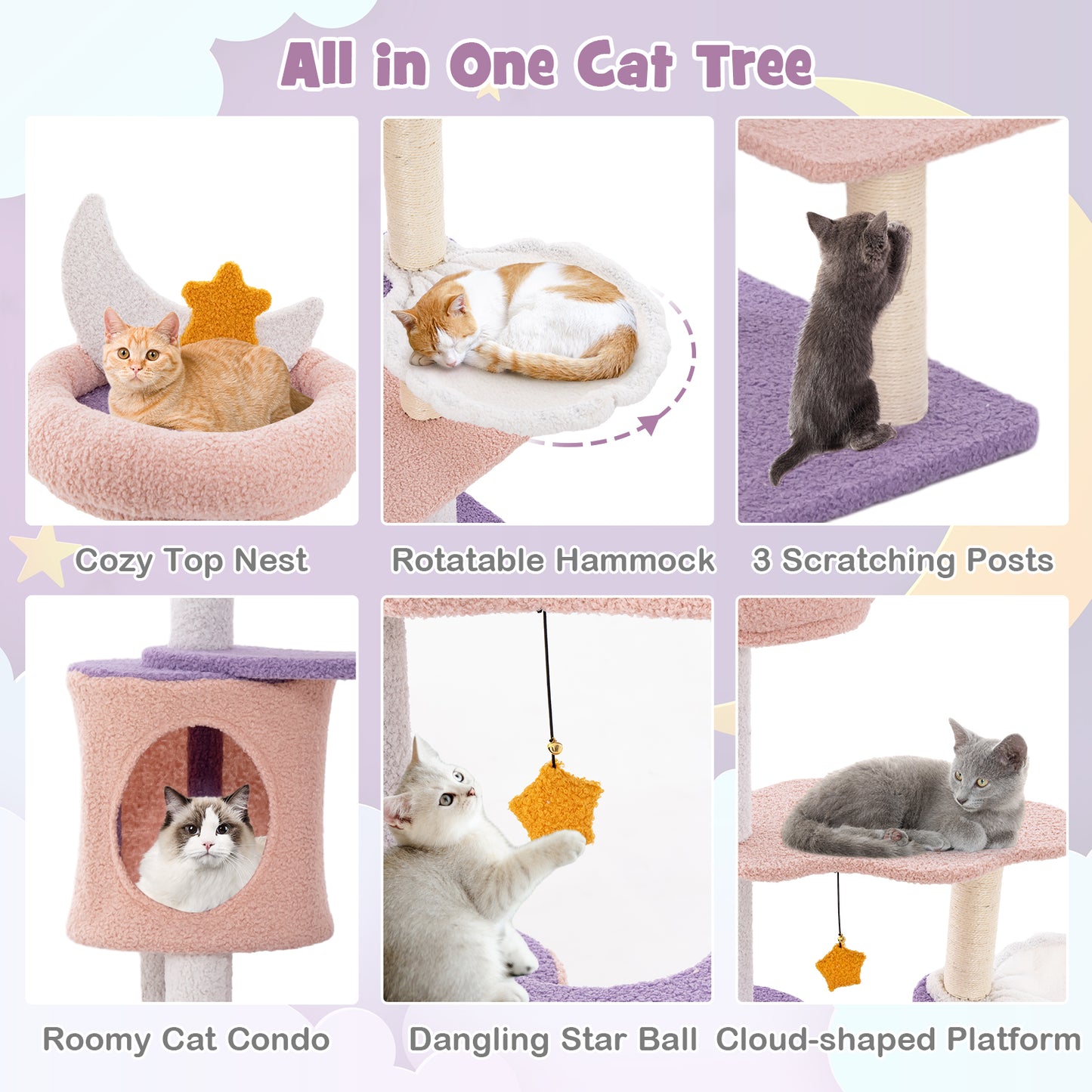 Multi-level Cute Cat Tree with Sisal Covered Scratching Posts and Condo-Purple