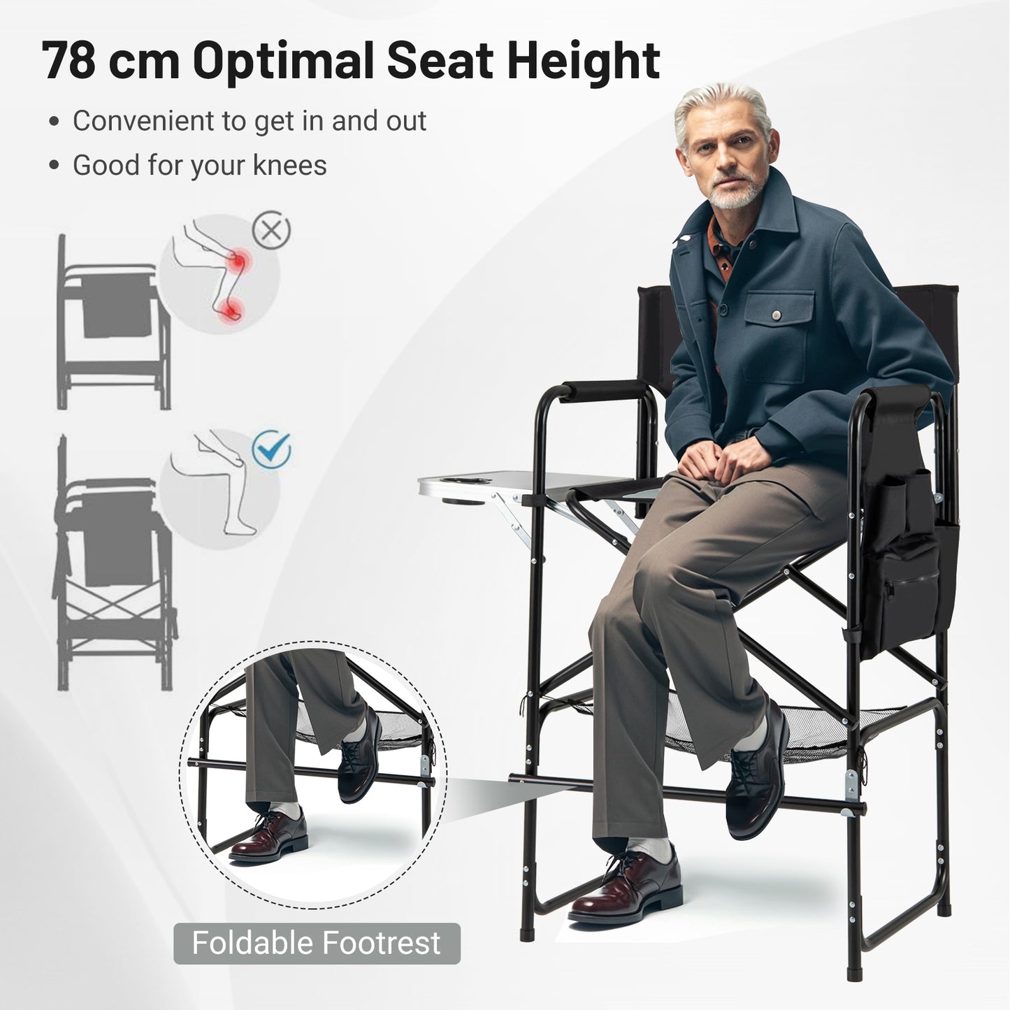 Directors Chair Folding Makeup Artist Chair with Foldable Side Table-Grey